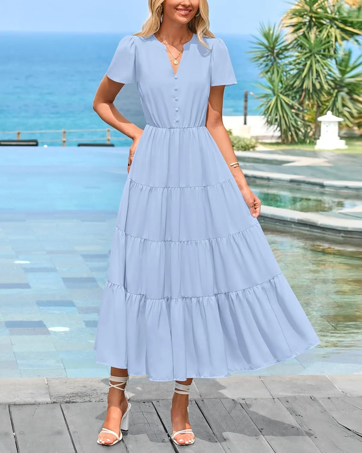 PRETTYGARDEN Women Summer Midi Dresses 2025 Casual Short Sleeve V Neck Belted Tiered Ruffle Vacation Dress with Pockets