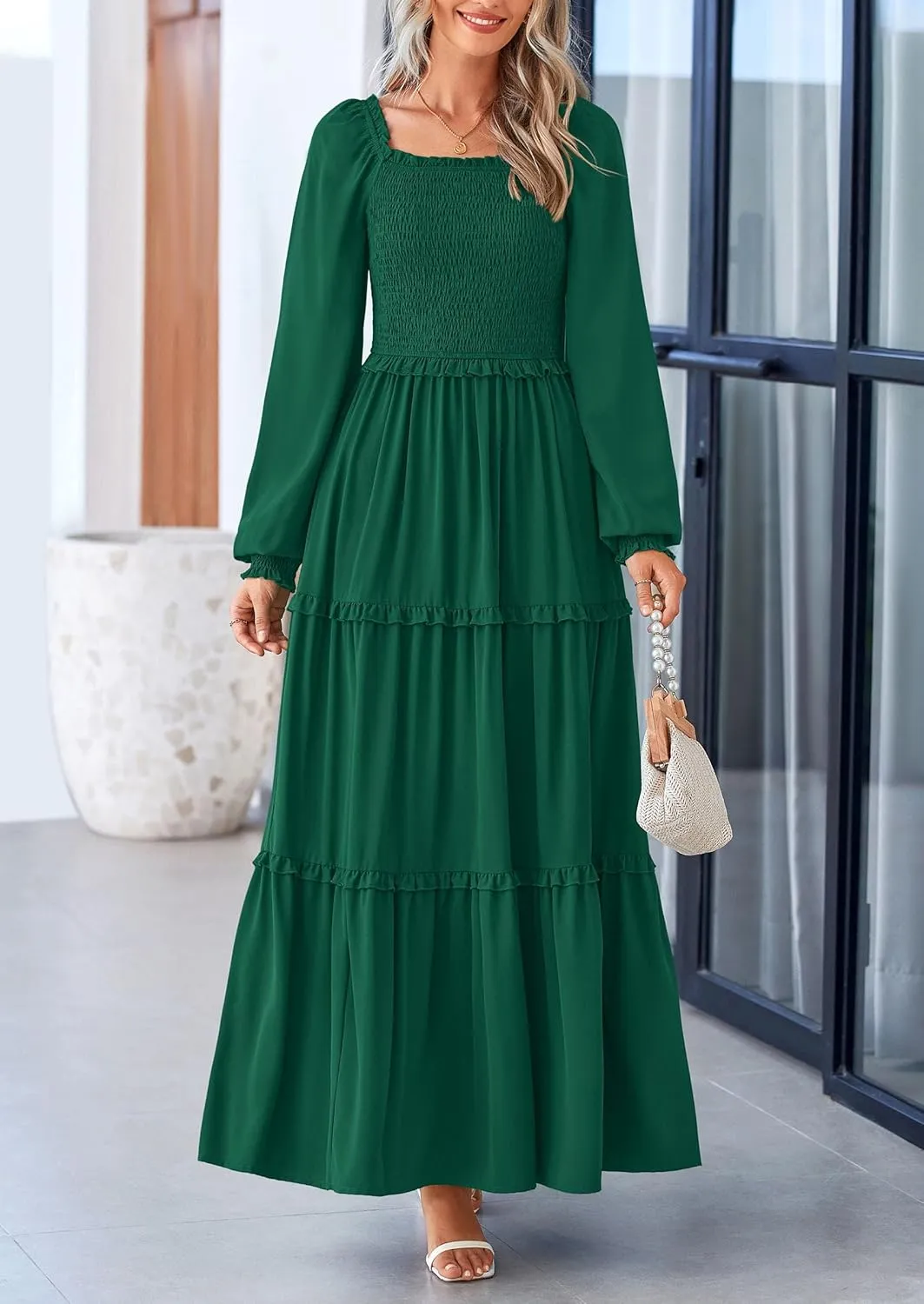 PRETTYGARDEN Women's Smocked Spring Maxi Dress Casual Fall Long Sleeve Square Neck Tiered A Line Flowy Dresses with Pockets