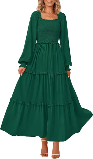 PRETTYGARDEN Women's Smocked Spring Maxi Dress Casual Fall Long Sleeve Square Neck Tiered A Line Flowy Dresses with Pockets