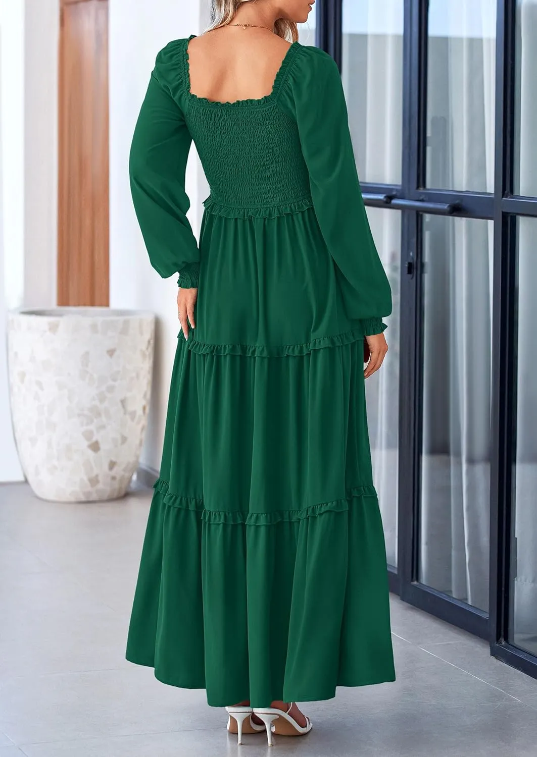 PRETTYGARDEN Women's Smocked Spring Maxi Dress Casual Fall Long Sleeve Square Neck Tiered A Line Flowy Dresses with Pockets