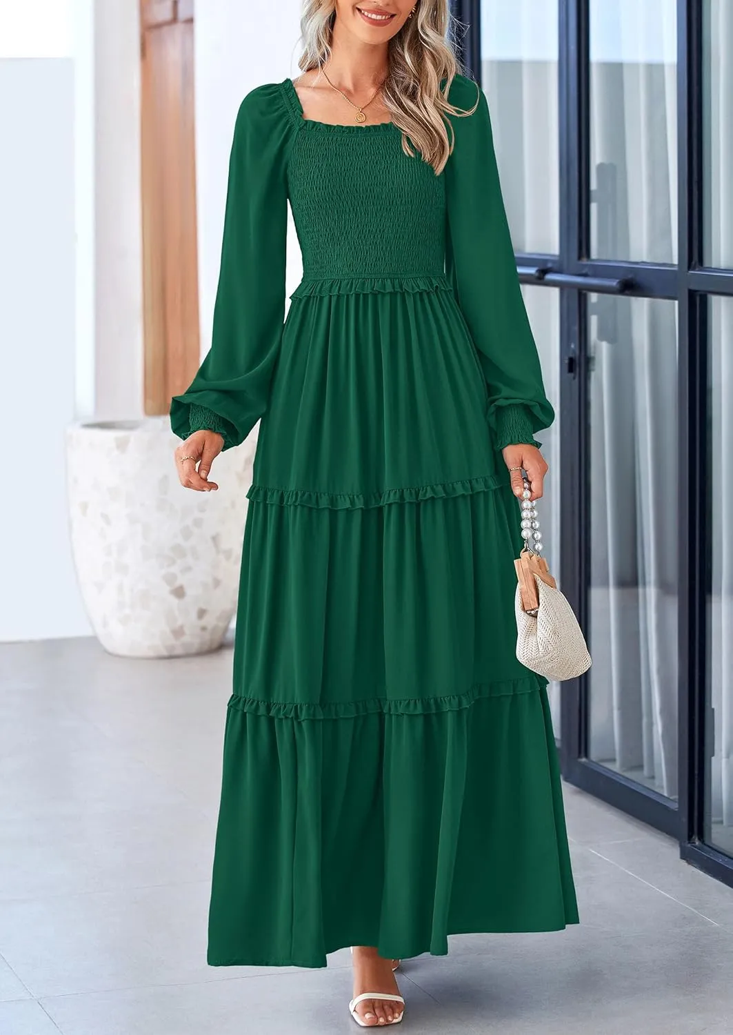 PRETTYGARDEN Women's Smocked Spring Maxi Dress Casual Fall Long Sleeve Square Neck Tiered A Line Flowy Dresses with Pockets