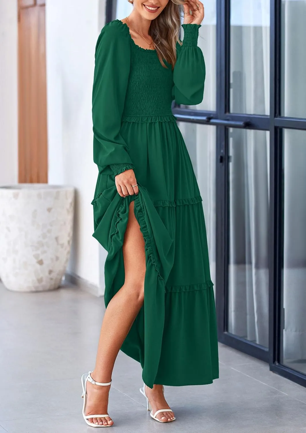 PRETTYGARDEN Women's Smocked Spring Maxi Dress Casual Fall Long Sleeve Square Neck Tiered A Line Flowy Dresses with Pockets
