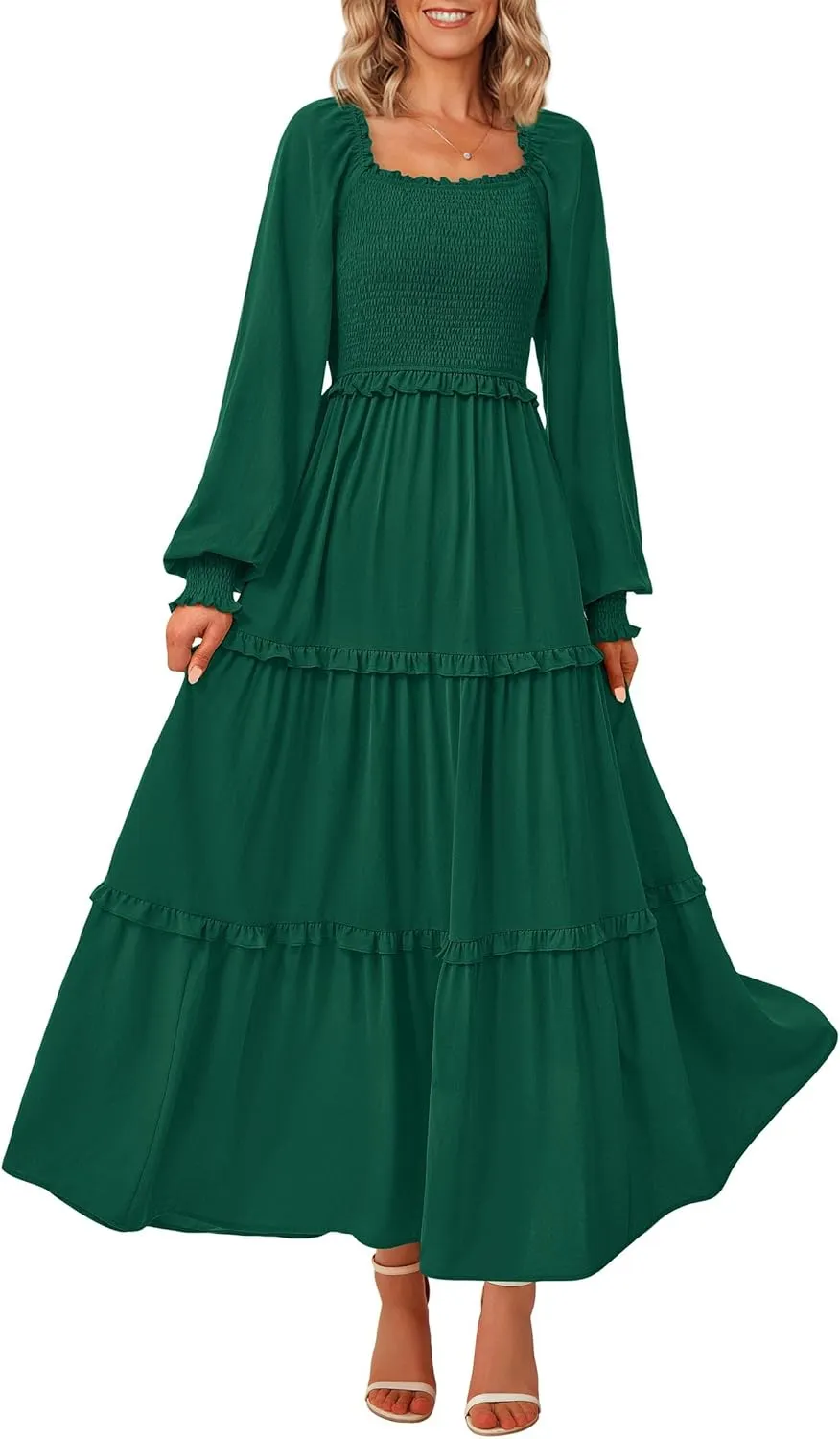 PRETTYGARDEN Women's Smocked Spring Maxi Dress Casual Fall Long Sleeve Square Neck Tiered A Line Flowy Dresses with Pockets
