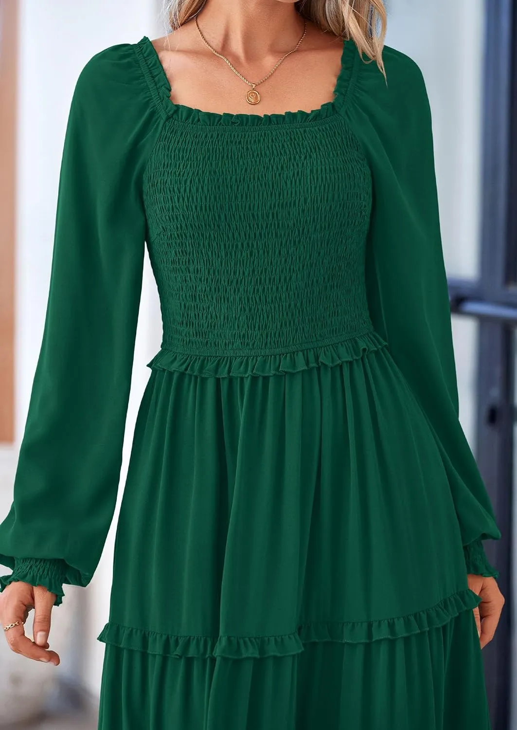 PRETTYGARDEN Women's Smocked Spring Maxi Dress Casual Fall Long Sleeve Square Neck Tiered A Line Flowy Dresses with Pockets