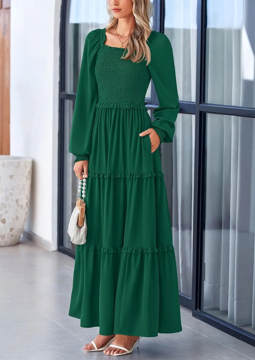 PRETTYGARDEN Women's Smocked Spring Maxi Dress Casual Fall Long Sleeve Square Neck Tiered A Line Flowy Dresses with Pockets