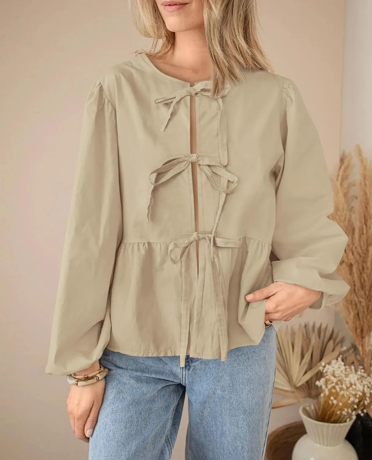 PRETTYGARDEN Women's Spring Fall Babydoll Peplum Blouse Shirt Puff Long Sleeve Bow Tie Front Trendy Cute Y2K Going Out Tops