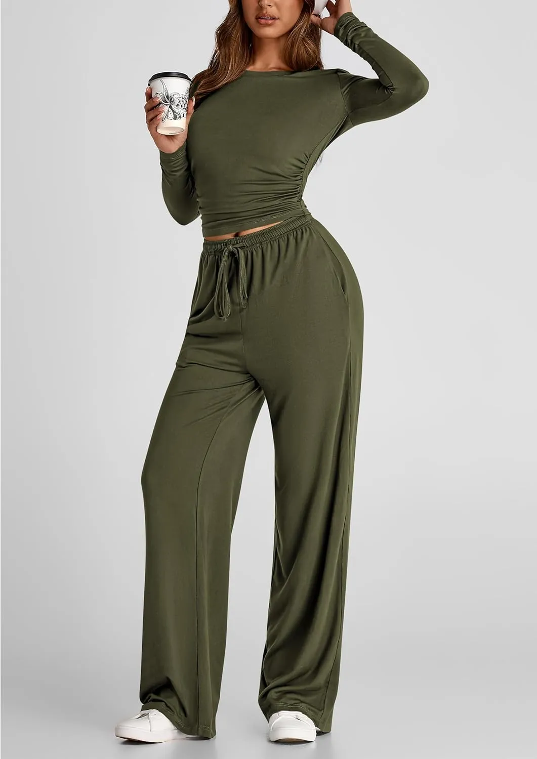 PRETTYGARDEN Women's Spring Fall Two Piece Outfits Tracksuits Long Sleeve Crop Tee Shirts Wide Leg Pants Matching Lounge Sets