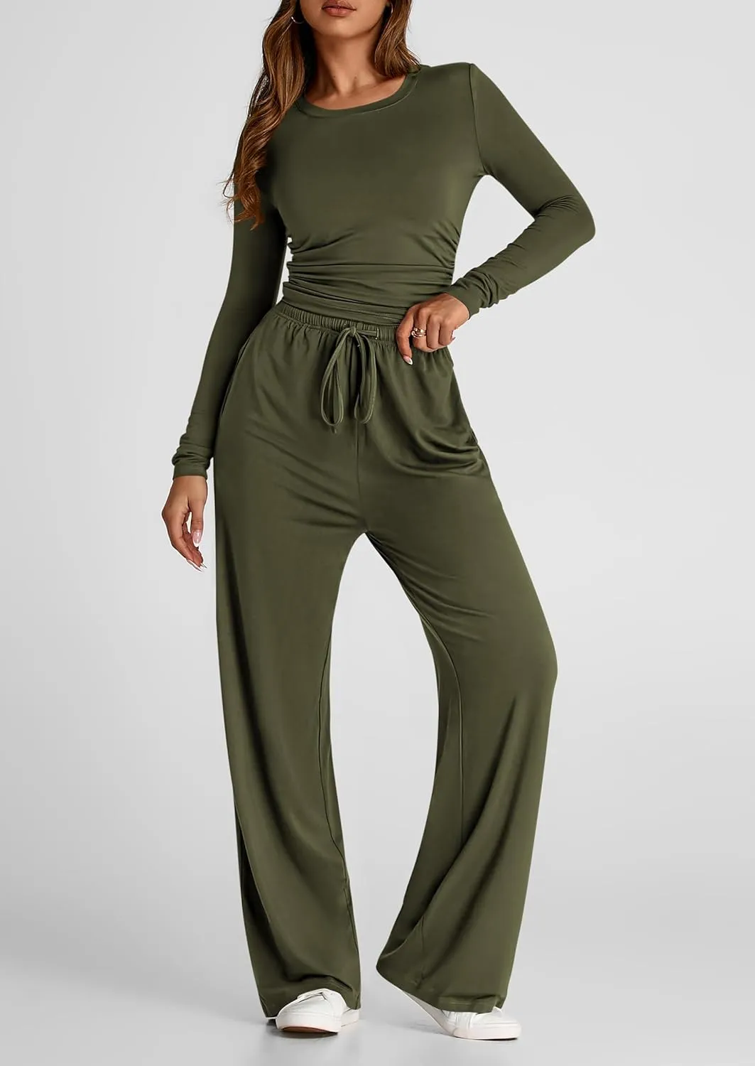 PRETTYGARDEN Women's Spring Fall Two Piece Outfits Tracksuits Long Sleeve Crop Tee Shirts Wide Leg Pants Matching Lounge Sets