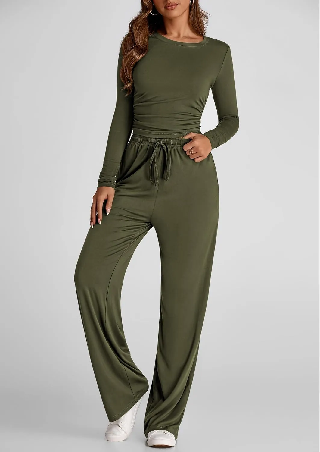 PRETTYGARDEN Women's Spring Fall Two Piece Outfits Tracksuits Long Sleeve Crop Tee Shirts Wide Leg Pants Matching Lounge Sets