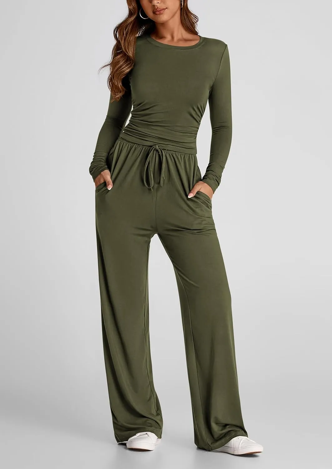 PRETTYGARDEN Women's Spring Fall Two Piece Outfits Tracksuits Long Sleeve Crop Tee Shirts Wide Leg Pants Matching Lounge Sets