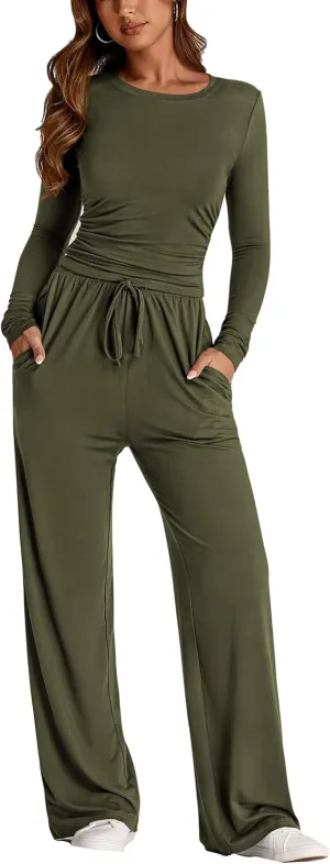 PRETTYGARDEN Women's Spring Fall Two Piece Outfits Tracksuits Long Sleeve Crop Tee Shirts Wide Leg Pants Matching Lounge Sets