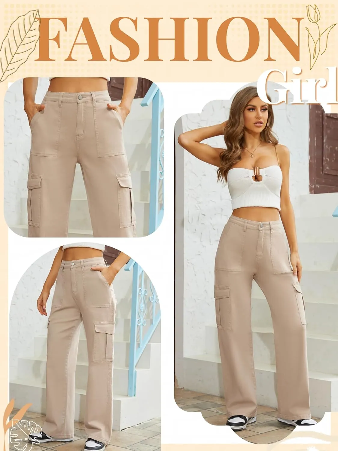 QYANGG High Waist Stretch Cargo Pants Women Baggy Multiple Pockets Relaxed Fit Straight Wide Leg Y2K Pants