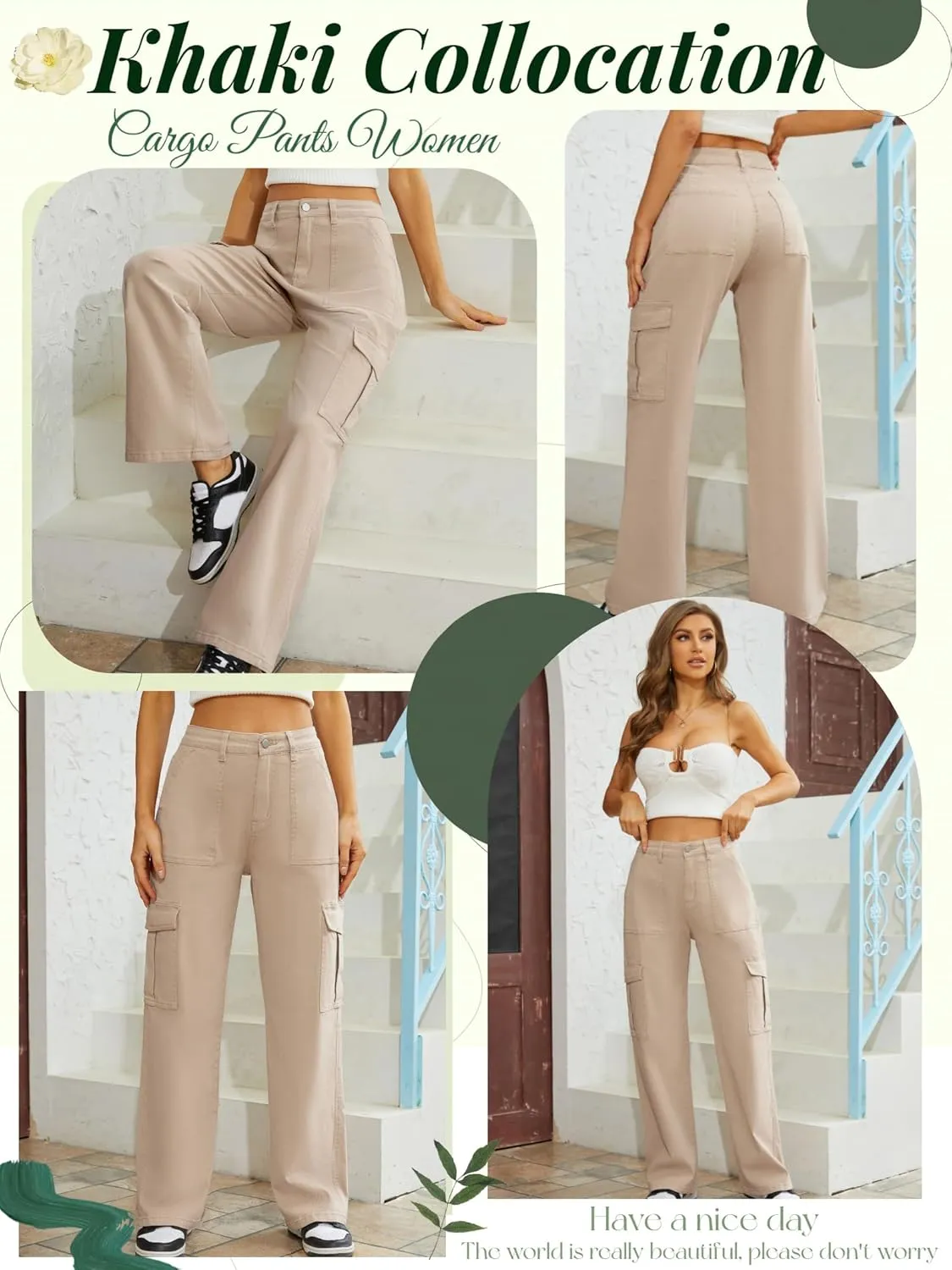 QYANGG High Waist Stretch Cargo Pants Women Baggy Multiple Pockets Relaxed Fit Straight Wide Leg Y2K Pants