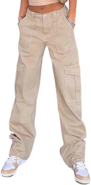 QYANGG High Waist Stretch Cargo Pants Women Baggy Multiple Pockets Relaxed Fit Straight Wide Leg Y2K Pants