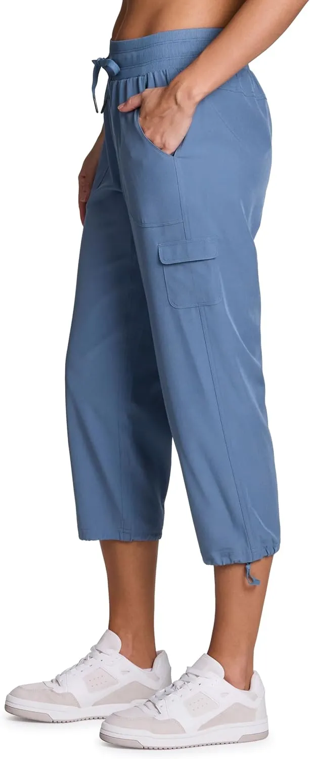 RBX Active Women's Cargo Capri Pant with Pockets Fashion Lightweight Woven with Drawstring