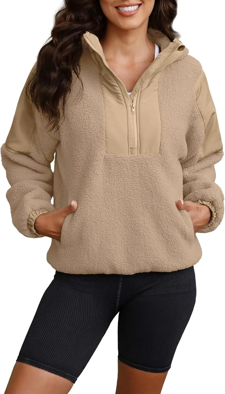 ReachMe Womens Fleece Hoodie Oversized Sherpa Jacket with Pockets Half Zip Sweatshirt Fuzzy Pullover Coats