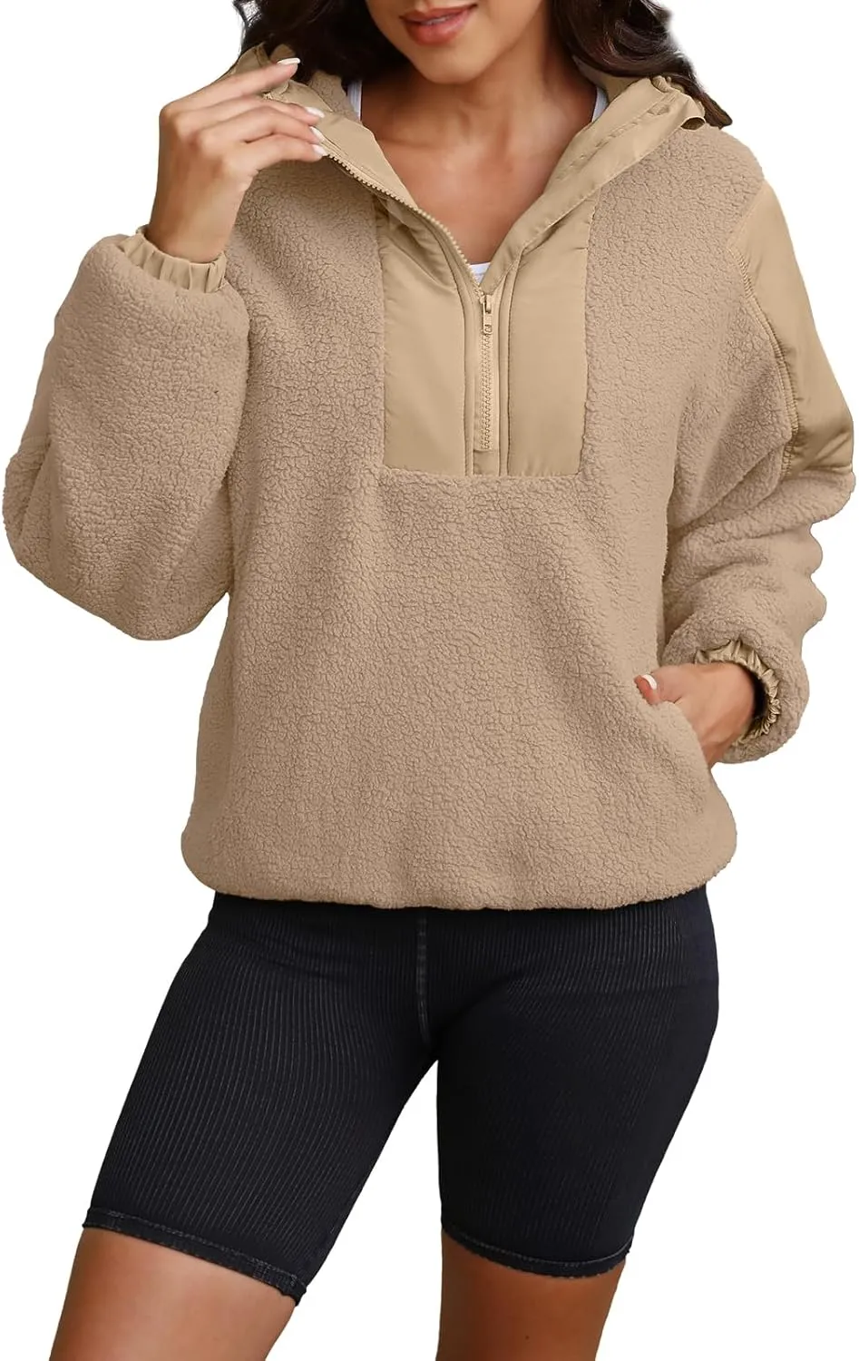 ReachMe Womens Fleece Hoodie Oversized Sherpa Jacket with Pockets Half Zip Sweatshirt Fuzzy Pullover Coats