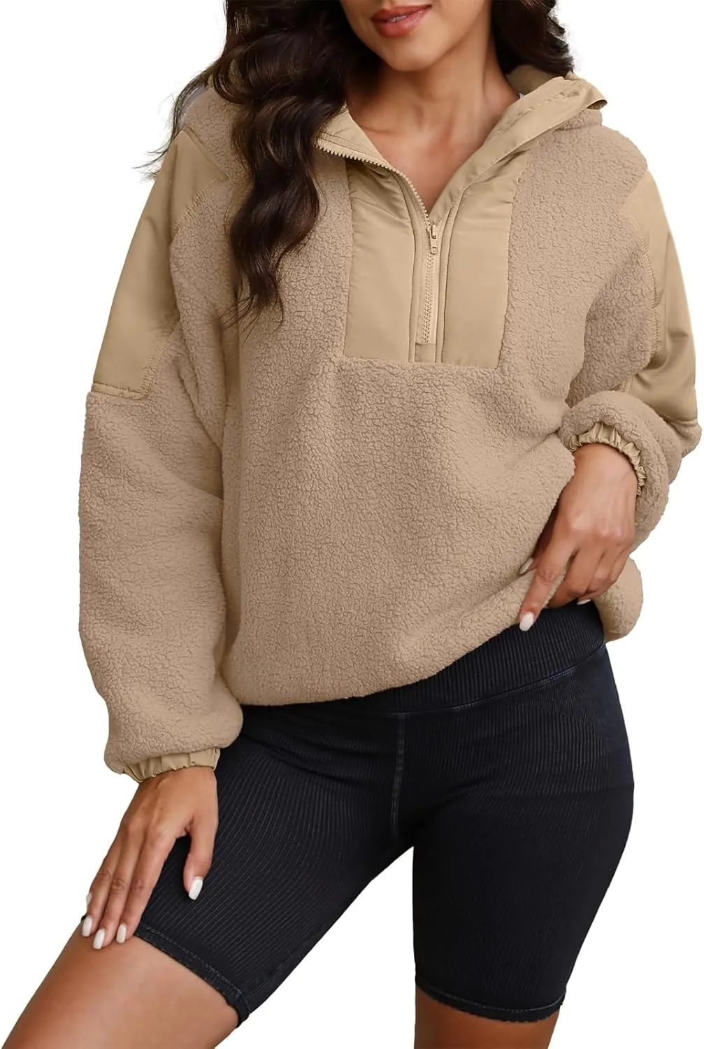 ReachMe Womens Fleece Hoodie Oversized Sherpa Jacket with Pockets Half Zip Sweatshirt Fuzzy Pullover Coats