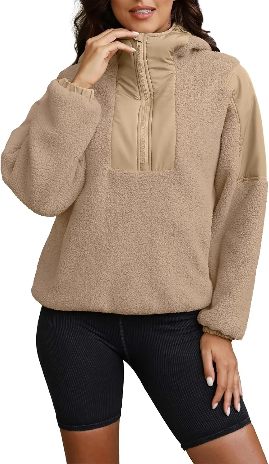 ReachMe Womens Fleece Hoodie Oversized Sherpa Jacket with Pockets Half Zip Sweatshirt Fuzzy Pullover Coats