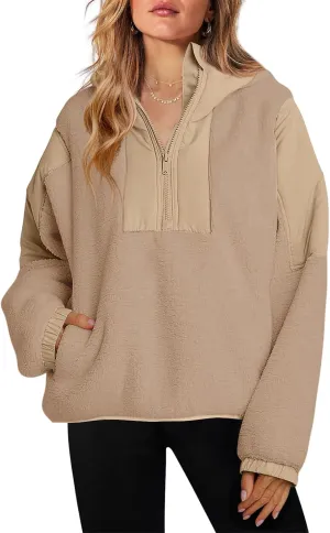 ReachMe Womens Fleece Hoodie Oversized Sherpa Jacket with Pockets Half Zip Sweatshirt Fuzzy Pullover Coats