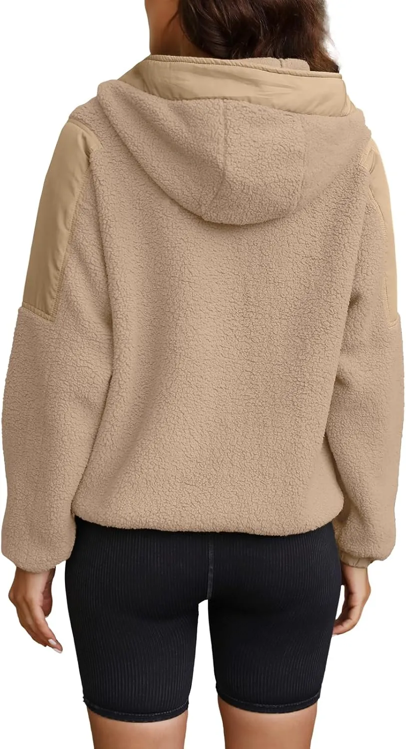 ReachMe Womens Fleece Hoodie Oversized Sherpa Jacket with Pockets Half Zip Sweatshirt Fuzzy Pullover Coats