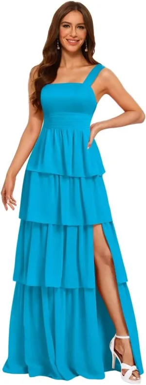 RSOETOO Tiered Ruffles Bridesmaid Dresses 2025 Long for Women Chiffon Formal Evening Dresses RO074