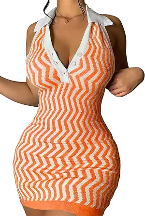 Ryehack Womens Summer Halter Dress Backless Sundress Striped V Neck Bodycon Mini Beach Dress Y2k Sexy Casual Tank Dress