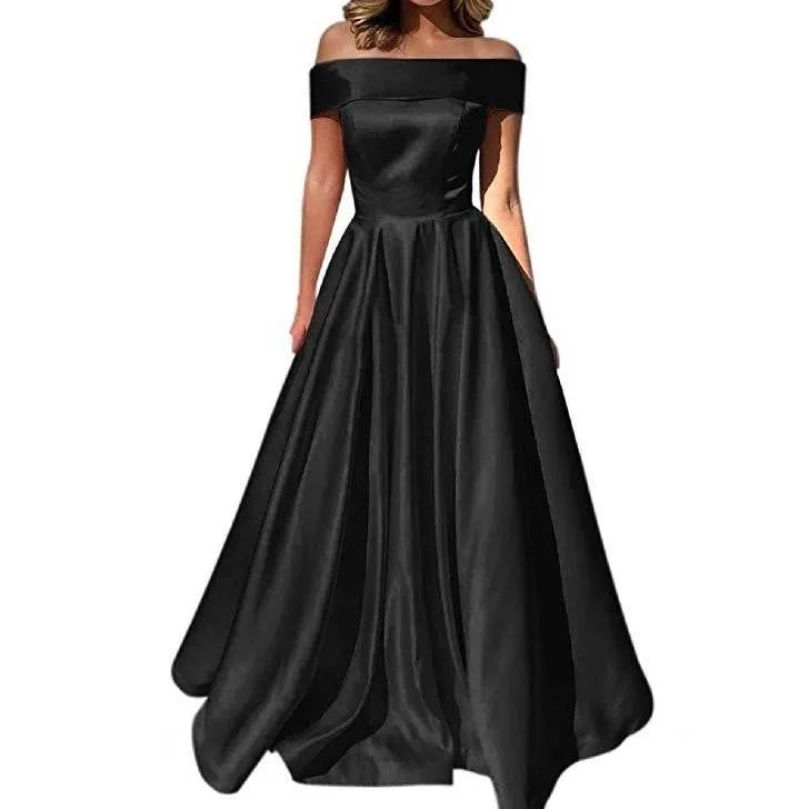 Satin Wedding Dress Bridesmaid Prom Dress Off Shoulder Evening Party Dress