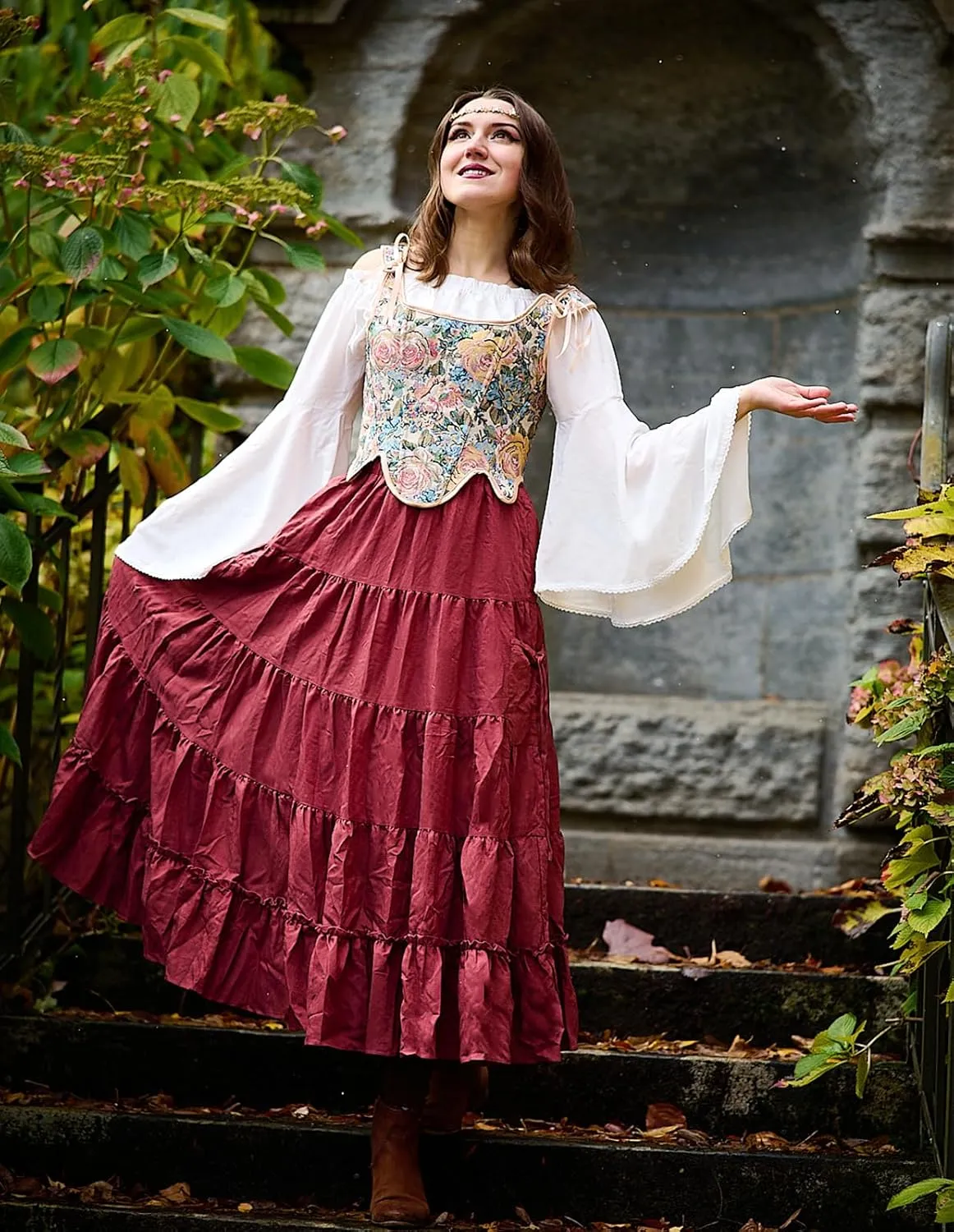 Scarlet Darkness Women Bell Sleeve Smocked Top Off The Shoulder Peasant Blouse Renaissance Pirate Shirt