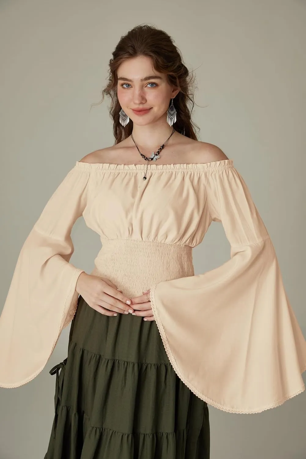 Scarlet Darkness Women Bell Sleeve Smocked Top Off The Shoulder Peasant Blouse Renaissance Pirate Shirt
