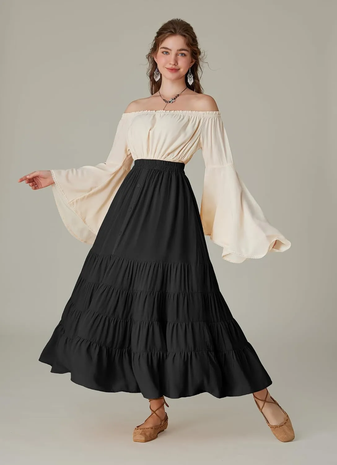 Scarlet Darkness Women Bell Sleeve Smocked Top Off The Shoulder Peasant Blouse Renaissance Pirate Shirt