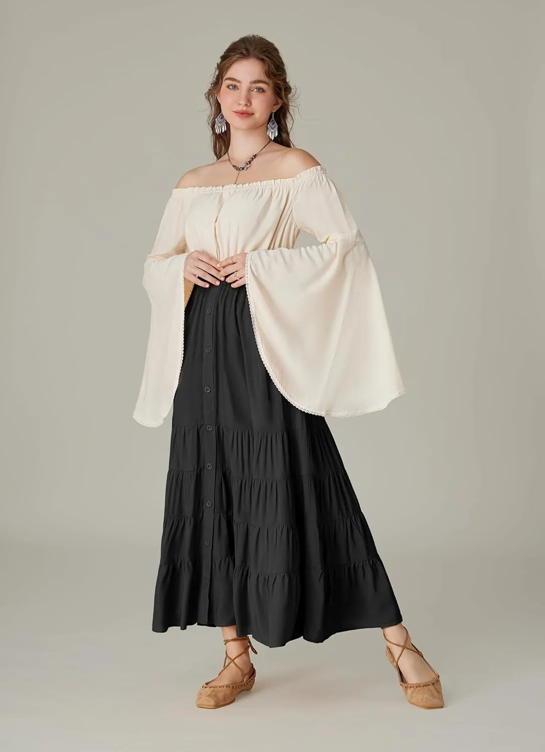 Scarlet Darkness Women Bell Sleeve Smocked Top Off The Shoulder Peasant Blouse Renaissance Pirate Shirt