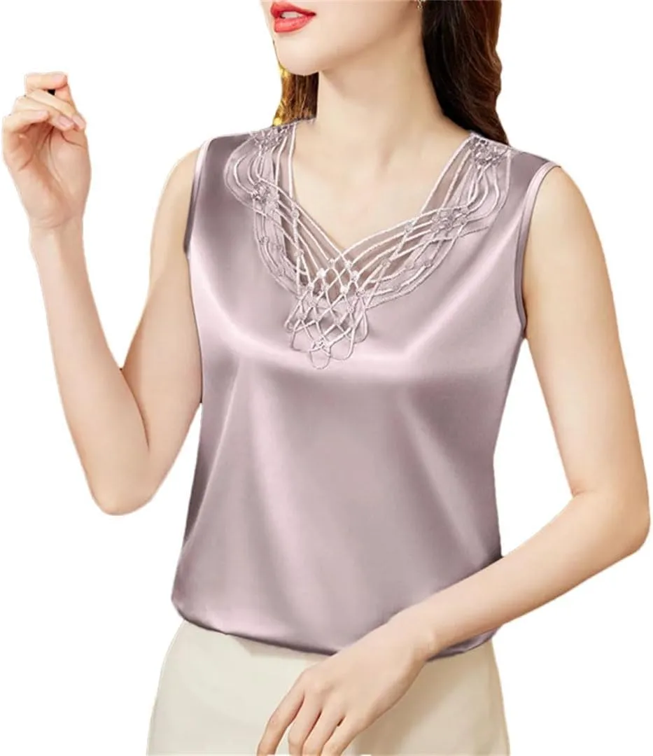 Sexy Beaded Lace Camisole Spring Summer Women Silk Satin Vest Sleeveless Inner Tank Tops