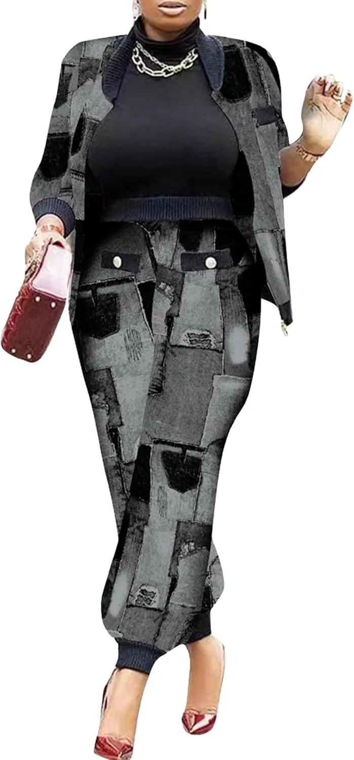 Sexyshine Women's Casual 2 Piece Outfits Printed Long Sleeve Zip Up Jacket Baggy Long Pants Workout Tracksuit Set Suits