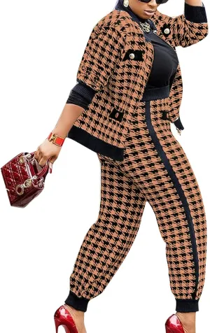 Sexyshine Women's Casual 2 Piece Outfits Printed Long Sleeve Zip Up Jacket Baggy Long Pants Workout Tracksuit Set Suits