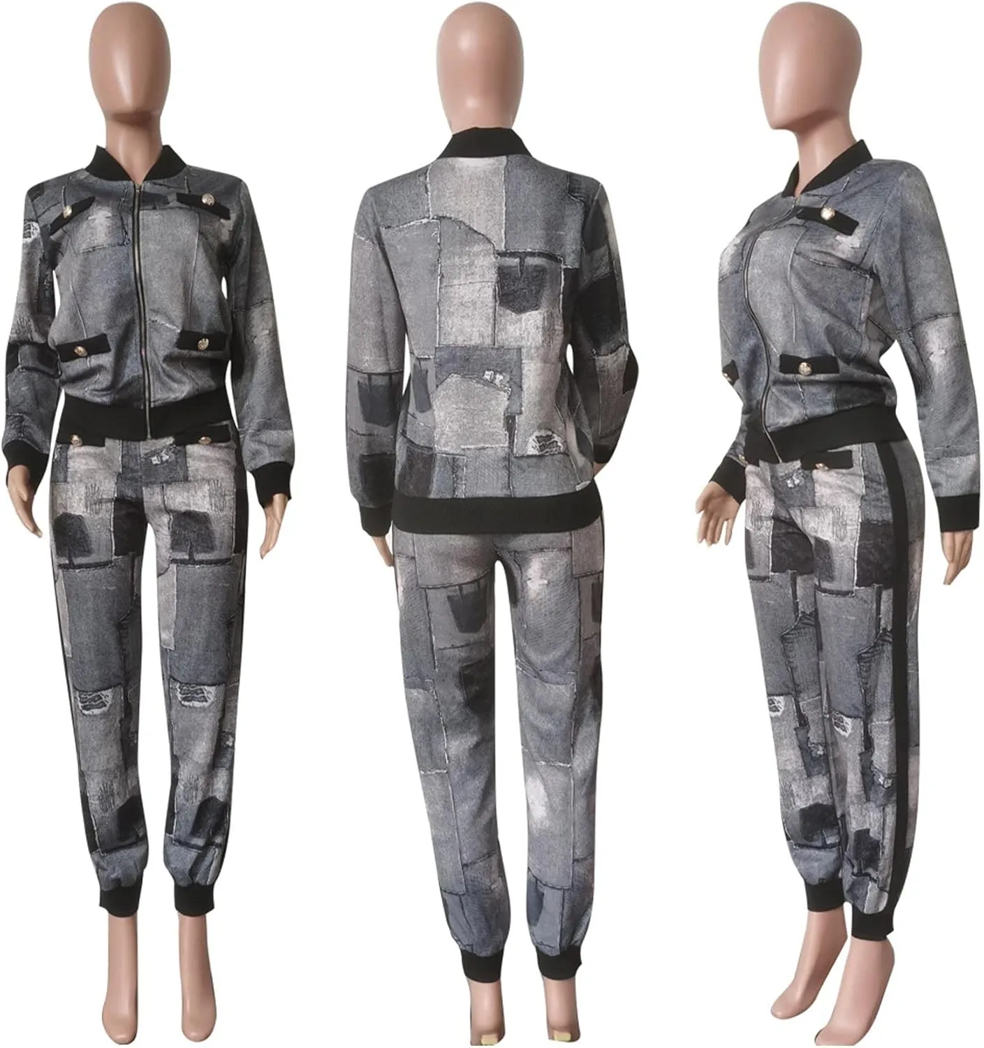 Sexyshine Women's Casual 2 Piece Outfits Printed Long Sleeve Zip Up Jacket Baggy Long Pants Workout Tracksuit Set Suits