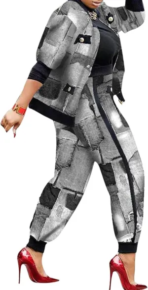 Sexyshine Women's Casual 2 Piece Outfits Printed Long Sleeve Zip Up Jacket Baggy Long Pants Workout Tracksuit Set Suits