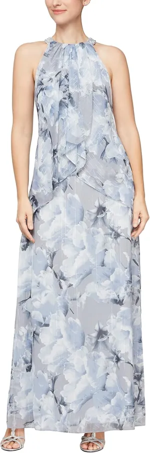 S.L. Fashions Women's Long Maxi Chiffon Gown with Jewel Halter Neck Dress