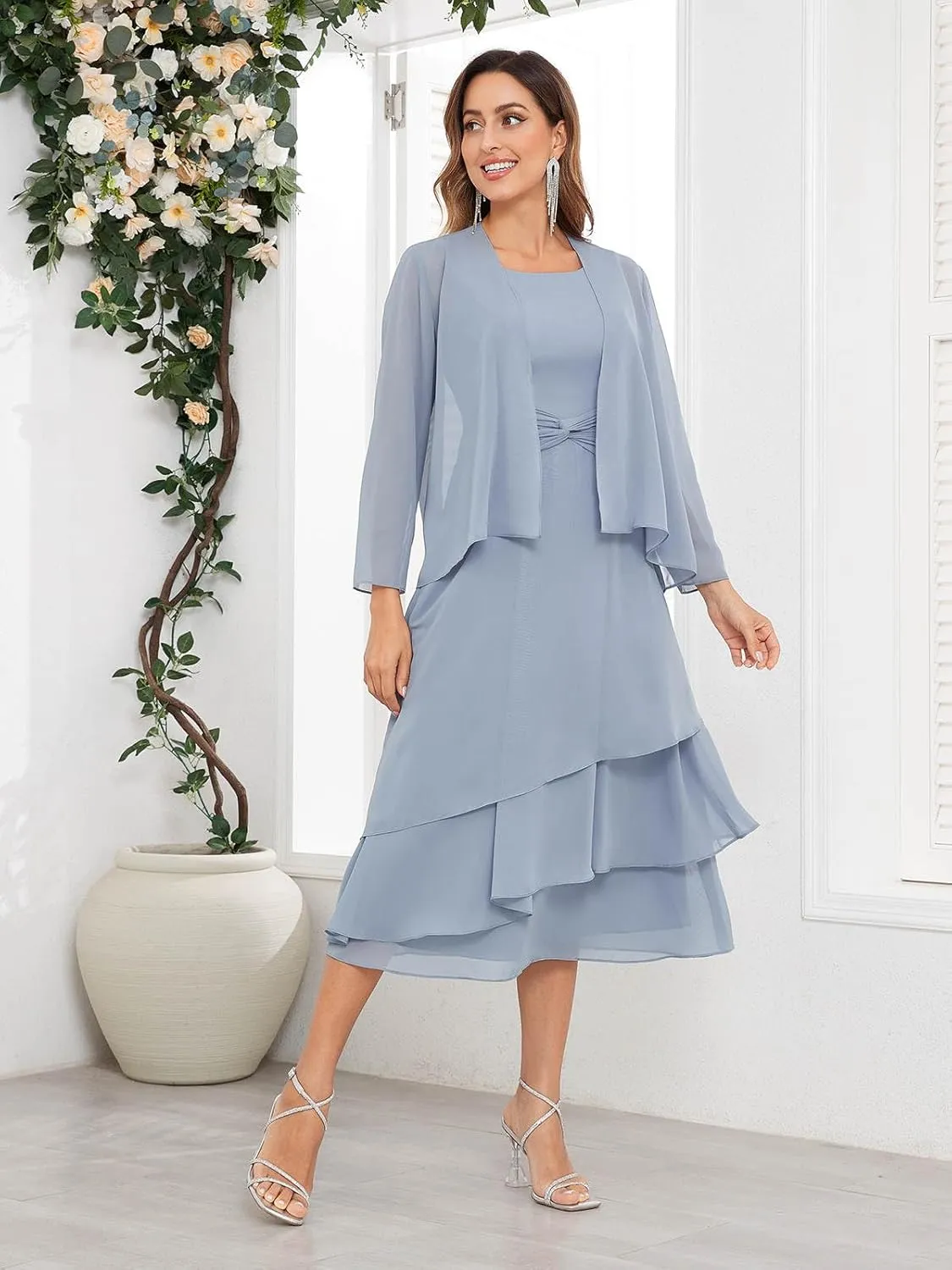 SOLODISH 2 Pieces Tea Length Mother of The Bride Dresses for Wedding Chiffon Formal Dresses for Women