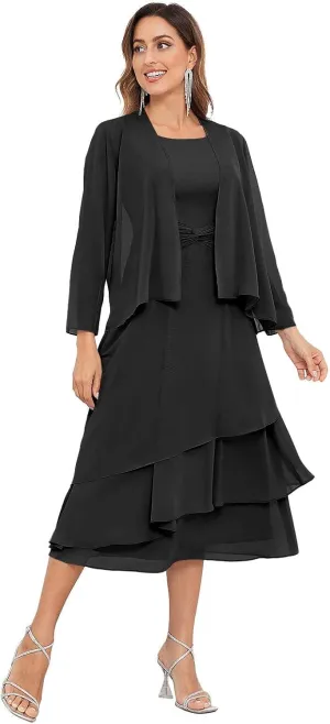 SOLODISH 2 Pieces Tea Length Mother of The Bride Dresses for Wedding Chiffon Formal Dresses for Women