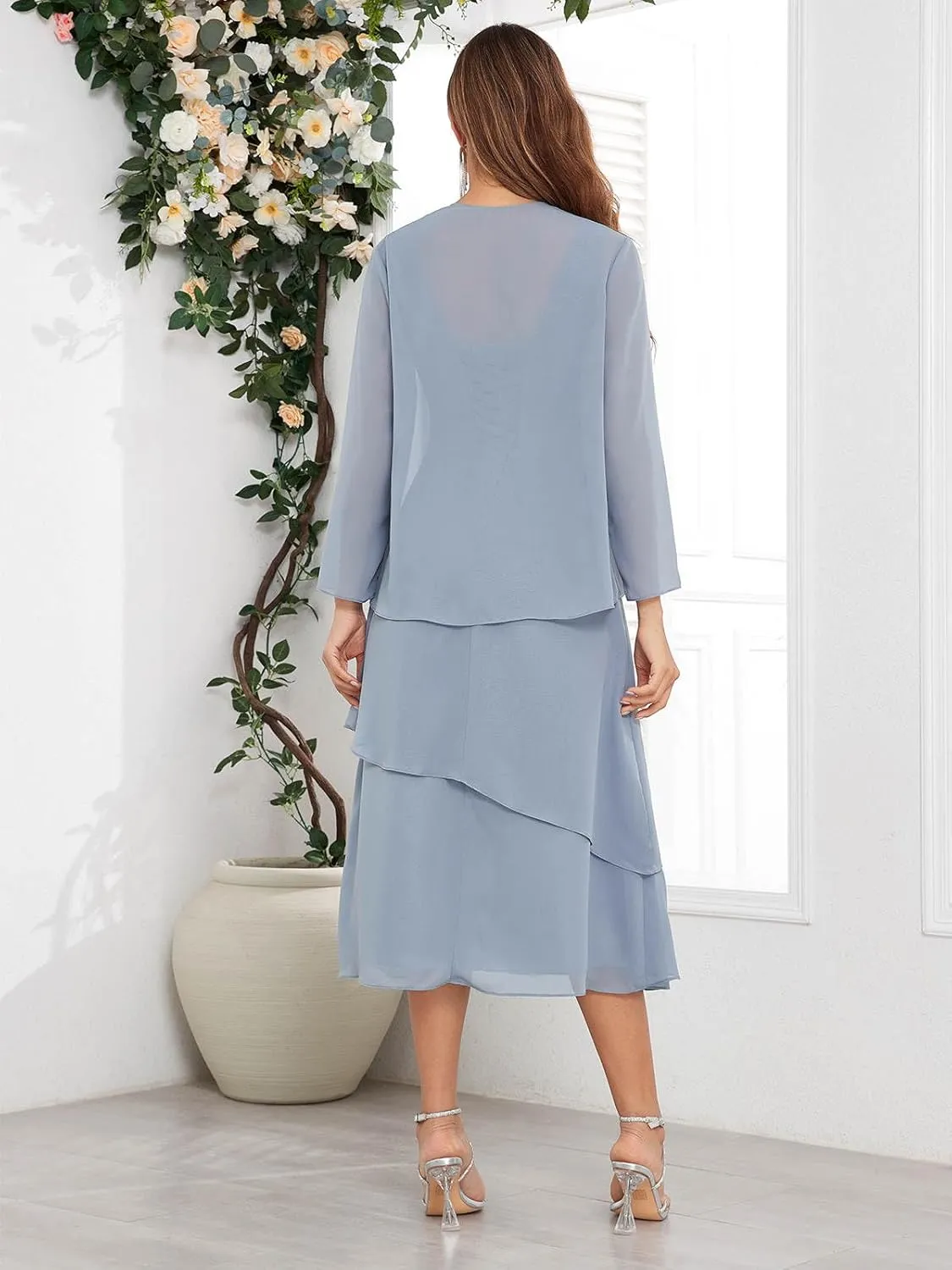 SOLODISH 2 Pieces Tea Length Mother of The Bride Dresses for Wedding Chiffon Formal Dresses for Women