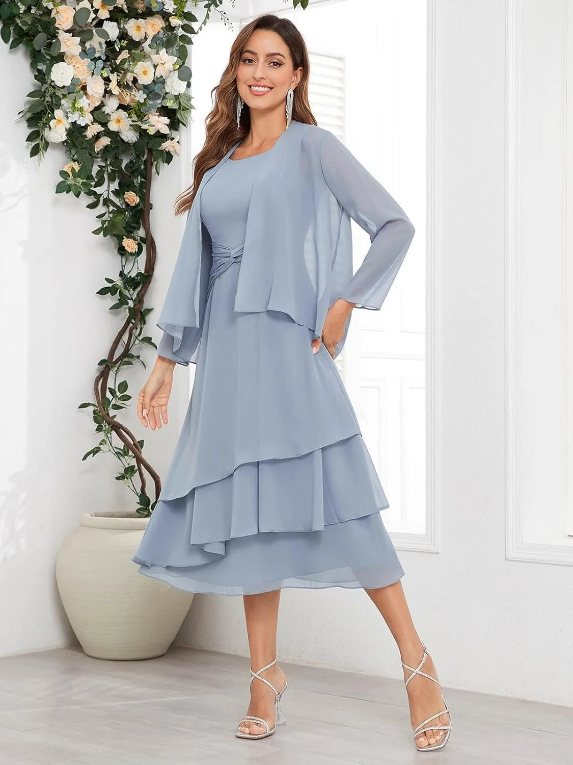 SOLODISH 2 Pieces Tea Length Mother of The Bride Dresses for Wedding Chiffon Formal Dresses for Women