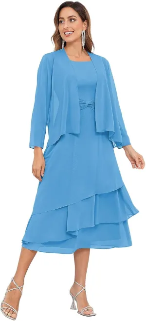 SOLODISH 2 Pieces Tea Length Mother of The Bride Dresses for Wedding Chiffon Formal Dresses for Women