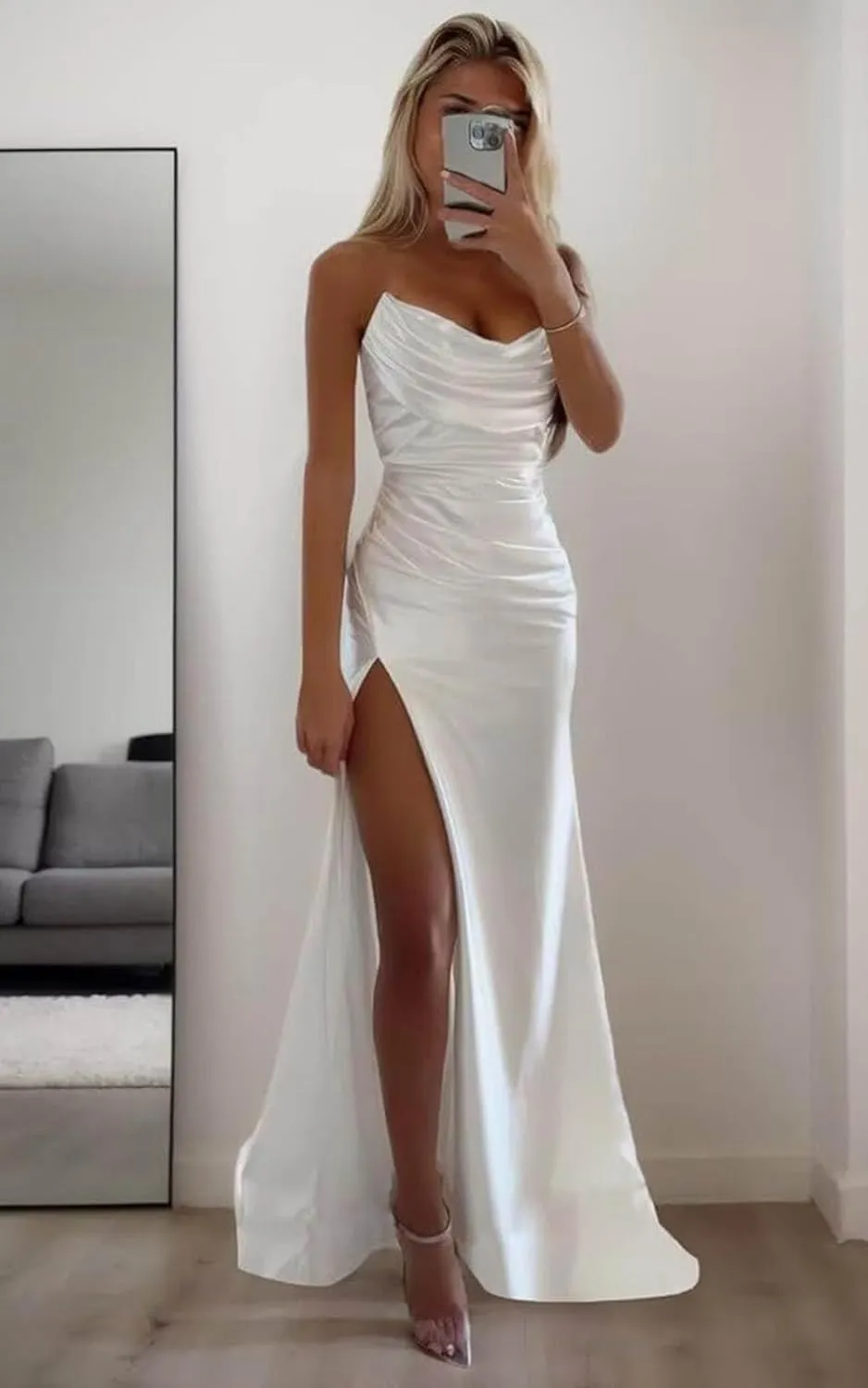 SOLODISH Satin Prom Dresses for Women Strapless Mermaid Cowl Neck Formal Evening Party Gown