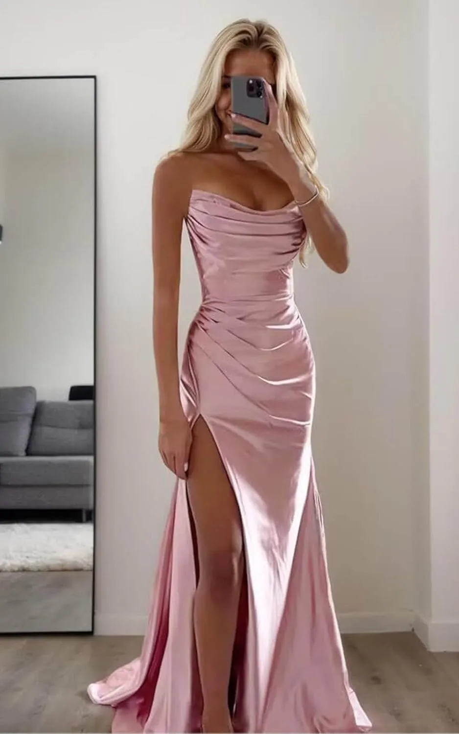 SOLODISH Satin Prom Dresses for Women Strapless Mermaid Cowl Neck Formal Evening Party Gown