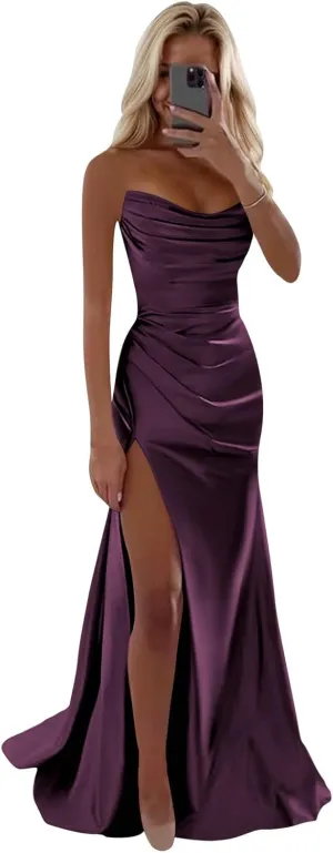 SOLODISH Satin Prom Dresses for Women Strapless Mermaid Cowl Neck Formal Evening Party Gown