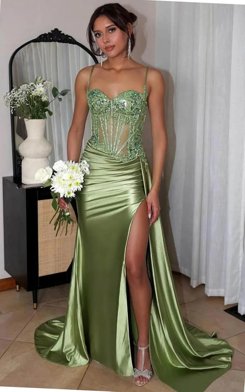 SOLODISH Spaghetti Straps Lace Applique Prom Dresses Satin Long Formal Evening Party Gown with Slit