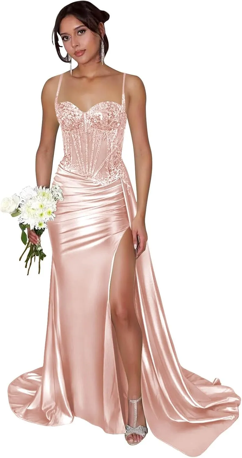 SOLODISH Spaghetti Straps Lace Applique Prom Dresses Satin Long Formal Evening Party Gown with Slit