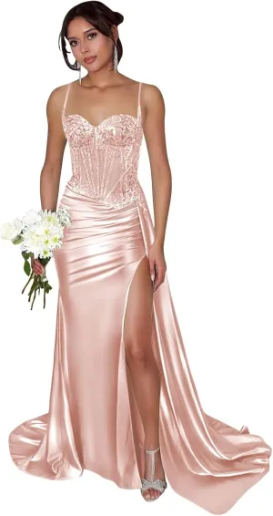 SOLODISH Spaghetti Straps Lace Applique Prom Dresses Satin Long Formal Evening Party Gown with Slit
