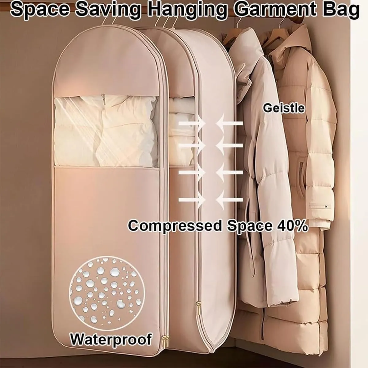 Space Saving Hanging Garment Bag with Self Compression Zipper, Dust Cover Clothes Bags for Down Coat, with Dust Cover, Suitable for Wardrobe Storage and Travel Wardrobe Storage(Apricot,M)